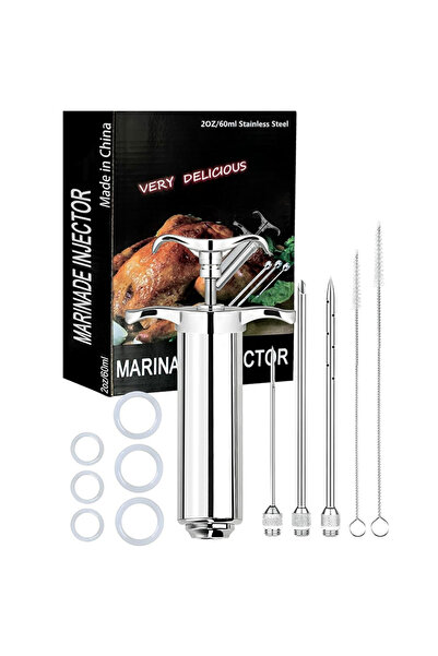 Choice مجموعة حقنة لحوم فضية LMETJMA سعة 2 أونصة مع 3 إبر للتتبيل، حقنة لحوم من الفولاذ المقاوم للصدأ