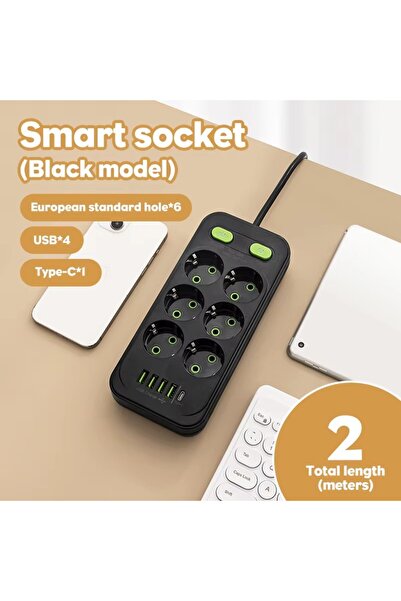 Choice Black 2M EU Plug AC Outlets Multitap Socket 2M Extension Cord Electrical Power Strip With USB Type