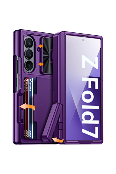 Choice جراب هاتف Galaxy Z Fold7 بنفسجي اللون، محفظة، حامل بطاقات RFID، حامل م...