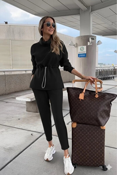 trend_ermege Women's Long Sleeve Turtleneck Modal Blouse and Pants Two-Piece Set with Elastic Waist