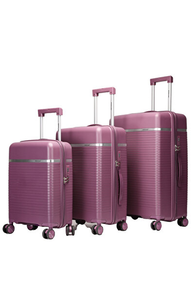 British Traveller 3-Piece Polypropylene Luggage Set | 20”, 24”, 28” Lightweight Suitcases - Purple