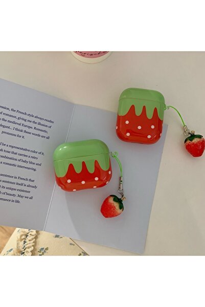 Choice لسماعات Airpods 4 باللون الأحمر الرائع، الفراولة الحمراء، نقطة بيضاء لامعة مع قلادة صغيرة على شكل فراولة