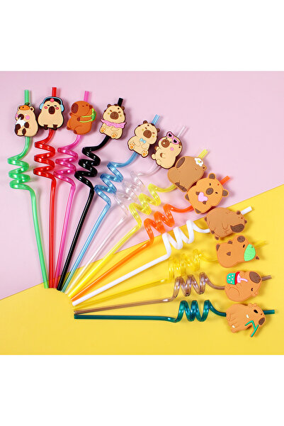 Choice multicolor 12pcs 12pcs Cartoon Capybara Reusable Straws Durable PET Plastic, Fun Animal Designs for