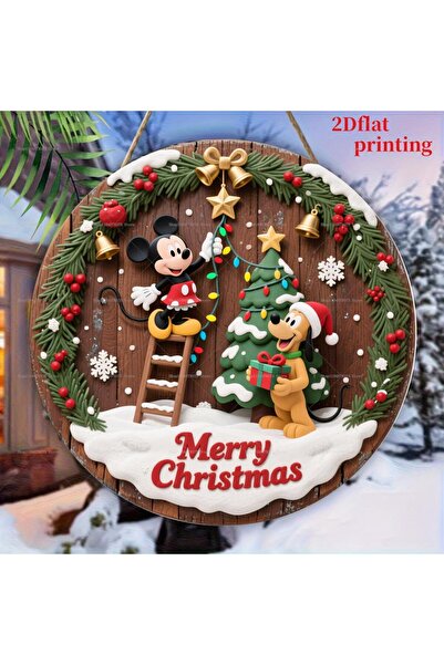 Miniso 20cmX20cm MB-0620 1Pc Merry Christmas Disney Mickey Minnie Sign Personalized Round Wood Hanging Plaq