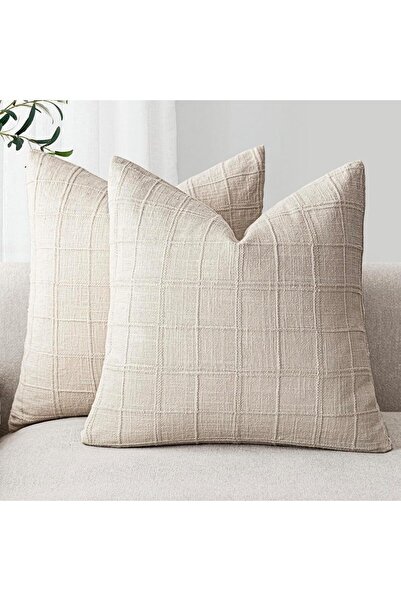 Choice غطاء وسادة مربعة من الكتان بوهو مقاس 40 × 40 سم، قطعة واحدة، لون بيج و...