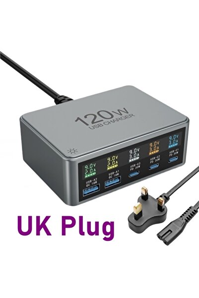 Choice شاحن سطح مكتب متعدد الوظائف بقوة 120 وات بمقبس المملكة المتحدة وشاشة ر...