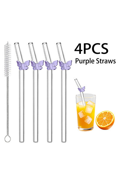 Choice 4 قطع من شفاطات الشرب على شكل فراشة أرجوانية لطيفة، أنبوب زجاجي جميل ق...