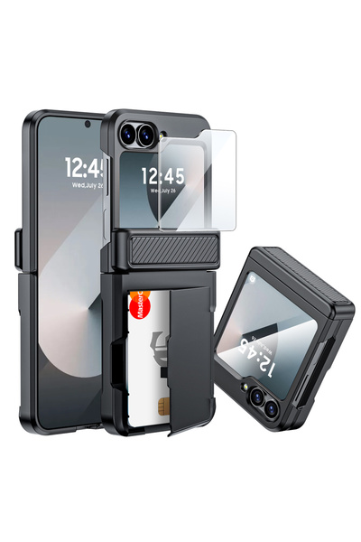 Choice جراب أسود لهاتف Galaxy Z Flip 6، تصميم محفظة فاخرة حامل بطاقات مع حامل...