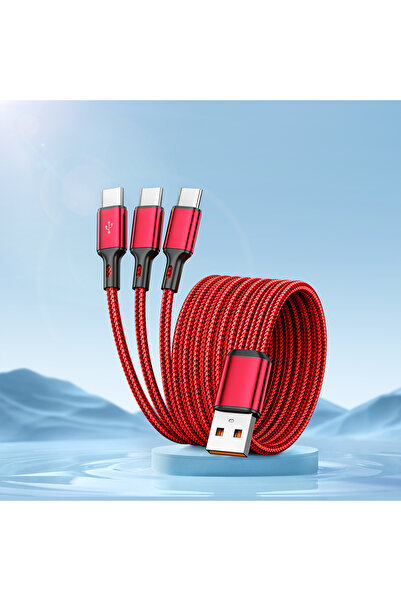 Choice كابل شحن سريع 3 في 1 أحمر بطول 1.2 متر، 6 أمبير من USB إلى 3 أنواع C، كابل شحن عالي السرعة، نقل بيانات سريع