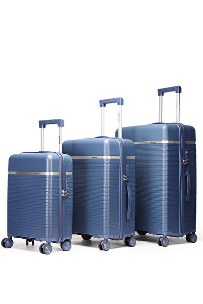 British Traveller 3-Piece Polypropylene Luggage Set | 20”, 24”, 28” Lightweight Suitcases - Blue