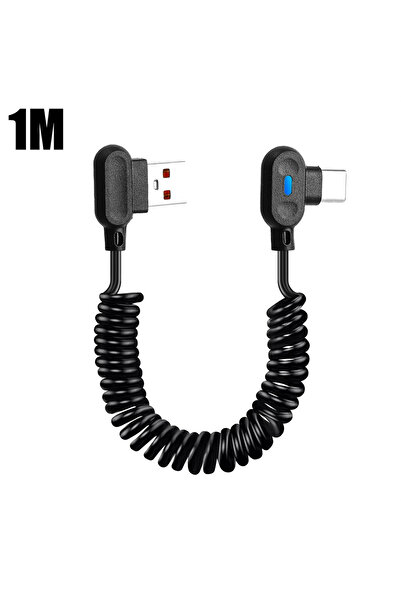 Choice كابل زنبركي 1 متر 6 أمبير من USB إلى Type C بزاوية 90 درجة، سلك شحن وب...