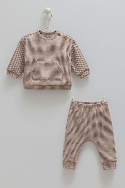 Caramell Soft Teddy Kangaroo Pocket Top and Bottom Set Brown