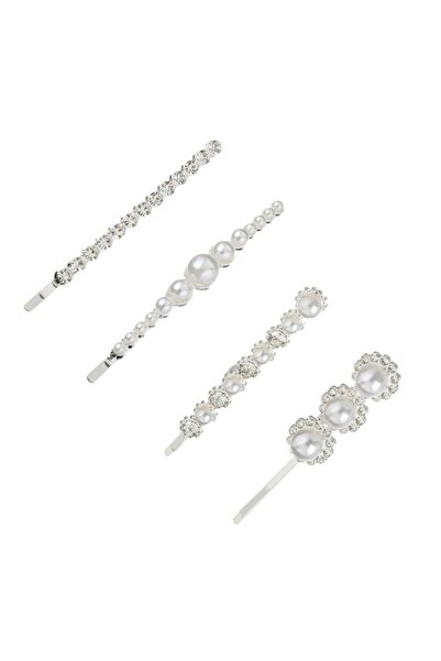 MYONNA IT & E- COMMERCE Set of 4 Silver Hair Clips with Strass, Beads and Flowers, 6 cm