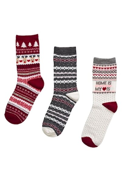 MYONNA IT & E- COMMERCE Women's Christmas Socks, Set of 3 Pairs, Multicolor (Ecru, Gray, Burgundy)