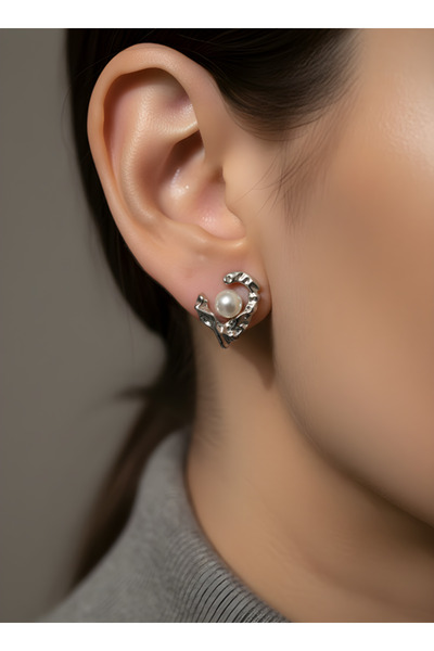 TURBİJ Silver Earrings with Pearl Detail |   Elegant Women's Earrings with Sh...