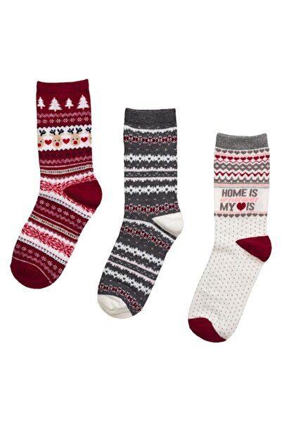 MYONNA IT & E- COMMERCE Women's Christmas Socks, Set of 3 Pairs, Multicolor (Ecru, Gray, Burgundy)