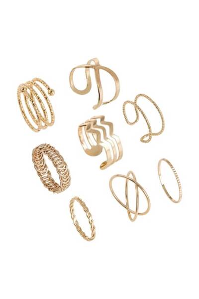 ANTBRO Set of Women's Rings, Various Designs, Golden Color, 8 Pieces