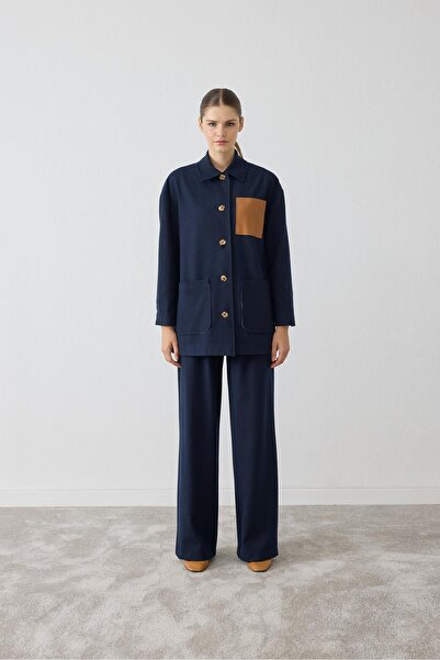 TERZİ DÜKKANI سترة جلدية مفصلة بتفاصيل جيب من ماركة MAVA باللون الأزرق الداكن