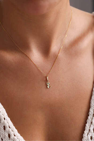 Giza Jewelry 14 Ayar Altın Siyah Taşlı Kedi Kilitli Charm Kolye Ucu