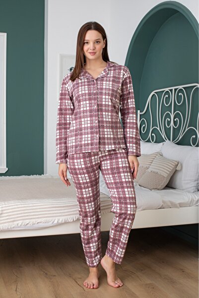 Ercan kadın boydan düğmeli Kırmızı Beyaz Kareli pijama takım