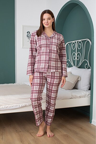 Ercan kadın boydan düğmeli Kırmızı Beyaz Kareli pijama takım