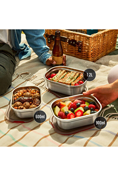 Black Blum Black+Blum Meal Prep FBSS-BX-L017 Food Container, 1.2l, Rectangular, Oven, No BPA, Steel, Grey/Red