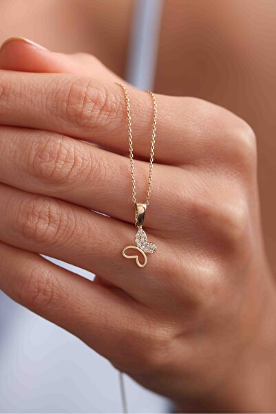 Giza Jewelry 14 Ayar Altın Yarım Taşlı Kelebek Slope Kolye Ucu