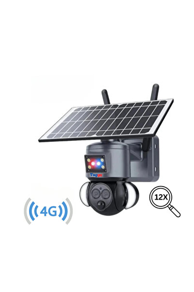 Taggo Cameră de securitate solară Pro 4K, obiectiv dublu, zoom 12X, cartelă SIM 4G, protecție IP66