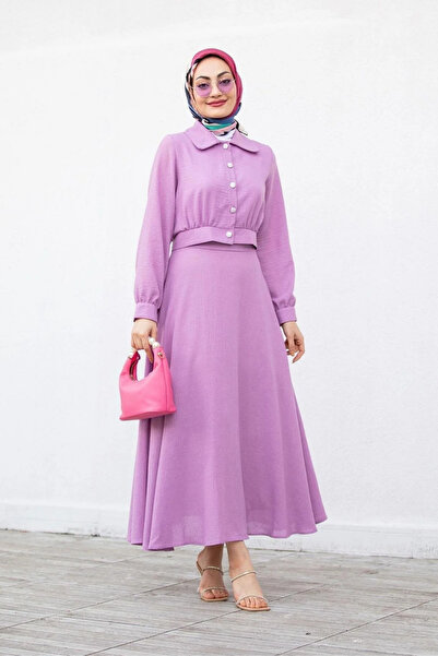 Tesettür Diyarı Λινό Υφασμάτινο Σετ Μπουφάν και Φούστα με Καλύμματα Προσώπου ...