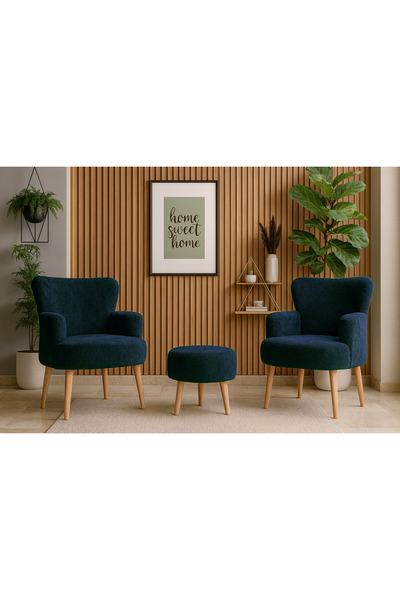 Azra Mobilya Roma Welsoft Yumuşak Kumaş 2 Berjer 1 Puf Seti – Yumuşak Dokulu Modern Konfor - LACİVERT
