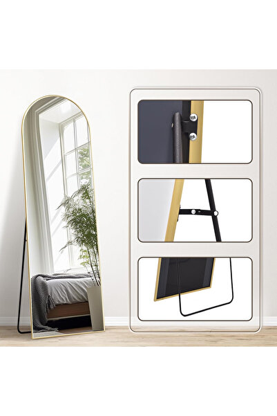 Elindor Oglindă decorativă aurie pentru podea, dreptunghiulară, verticală, design arcuit, 150x40 cm