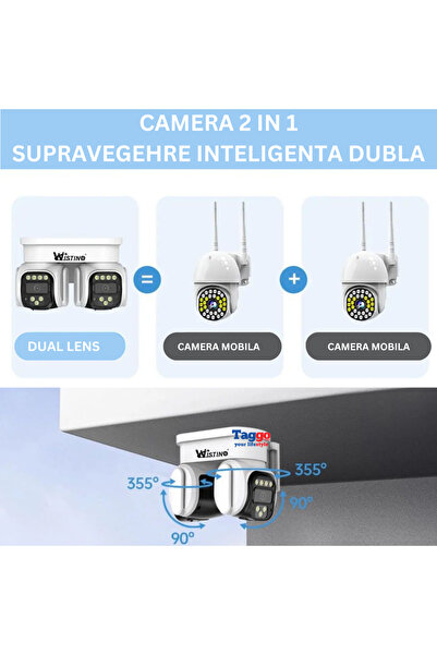 Taggo Cameră de supraveghere WiFi 4K, lentile duble la 360°, detectare mișcare, controlată prin aplicație