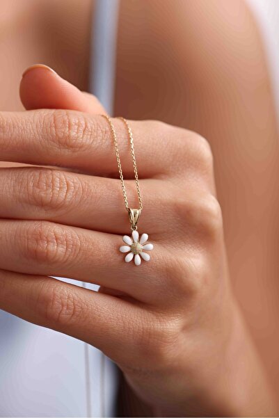 Giza Jewelry 14 Ayar Altın Beyaz Mineli Papatya Kolye Ucu