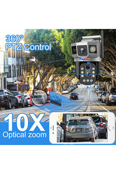 Taggo 4G Surveillance Camera, 6K 12MP, 10x Optical Zoom, Triple Lens, Night Vision