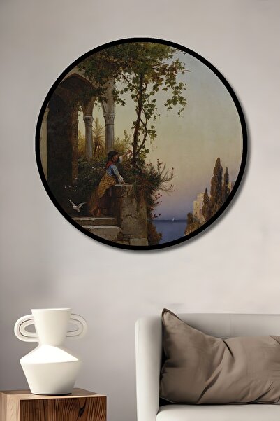 Teona Ahşap Decorative Wooden Round Frame Look Painting Woman at the Seaside