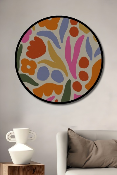 Teona Ahşap Tablou decorativ cu aspect de cadru rotund din lemn, model de flori colorate