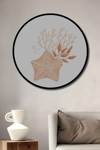 Teona Ahşap Tablou decorativ cu cadru rotund din lemn cu aspect de stea de mare și coral