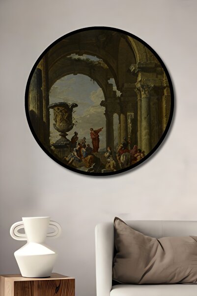 Teona Ahşap Tablou decorativ cu cadru rotund din lemn Aspectul Reuniunii Ruin...