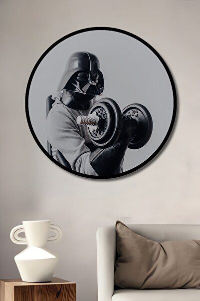 Teona Ahşap Tablou decorativ cu aspect de cadru rotund din lemn Darth Vader Weight Lifting