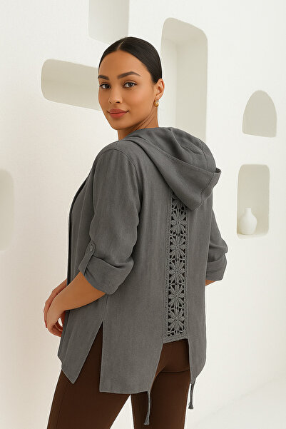 STYLENEST Women's Linen Lace Detailed Hooded Jacket Short Cap