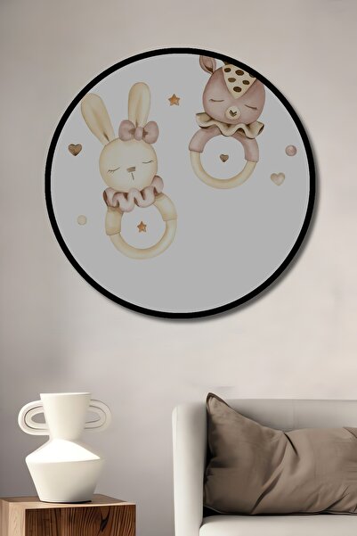 Teona Ahşap Jucării decorative din lemn cu aspect de tablou cu cadru rotund, iepure și cerb