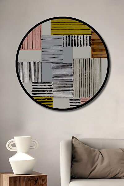 Teona Ahşap Tablou decorativ cu aspect de cadru rotund din lemn, compoziție de linii colorate