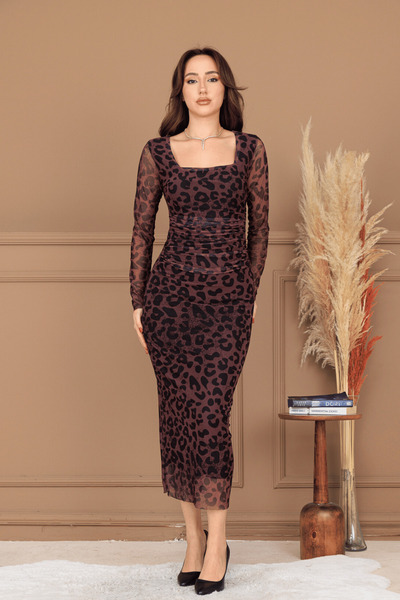 BEYBOS Tül Kumaş Büzgü Detaylı Kalem Elbise - KAHVERENGİ