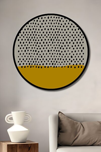 Teona Ahşap Tablou decorativ cu aspect de cadru rotund din lemn, puncte negre și linie galbenă