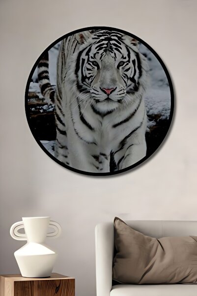 Teona Ahşap Tablou decorativ cu aspect de cadru rotund din lemn Tigru alb pe ...