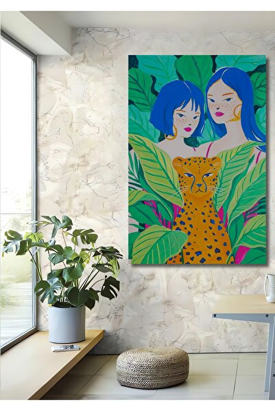Teona Ahşap Tablou decorativ din lemn dreptunghiular, femei elegante și ghepard printre verdeață