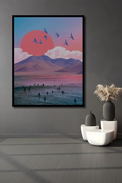 Teona Ahşap Tablou decorativ din lemn dreptunghiular cu aspect de rama cu soare roz si pasăre migratoare