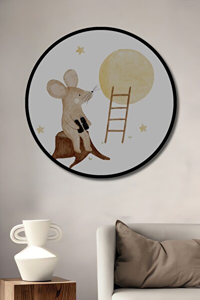 Teona Ahşap Tablou decorativ cu cadru rotund din lemn Aspectul călătoriei lunii Aventura șoarecului