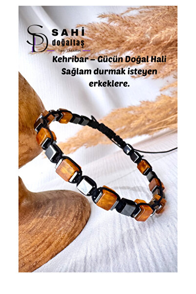 SAHİ_DOĞALTAŞ SAHİ DOĞALTAŞ Erkek Kehribar Doğal Taş Makrome Bileklik