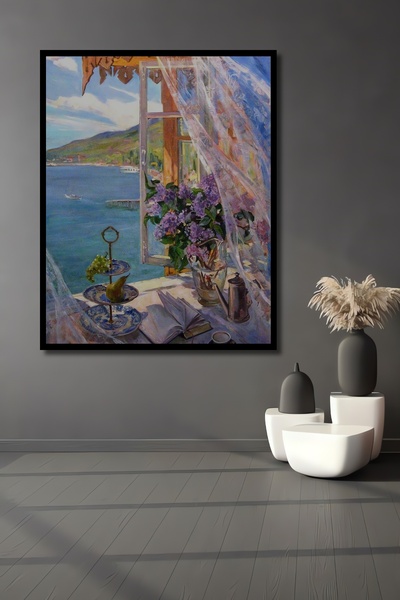 Teona Ahşap Tablou decorativ din lemn dreptunghiular cu vedere la cadru de fereastră cu peisaj marin